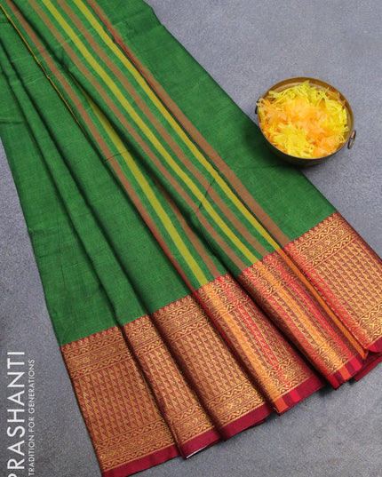 Narayanpet cotton saree green and maroon with plain body and zari woven border