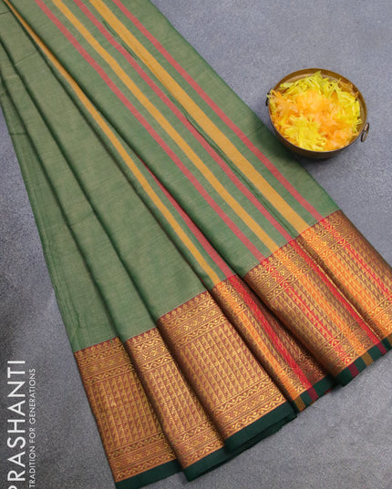 Narayanpet cotton saree green and dark green with plain body and zari woven border