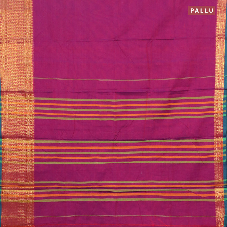 Narayanpet cotton saree dual shade of purple and dual shade of green with plain body and zari woven border