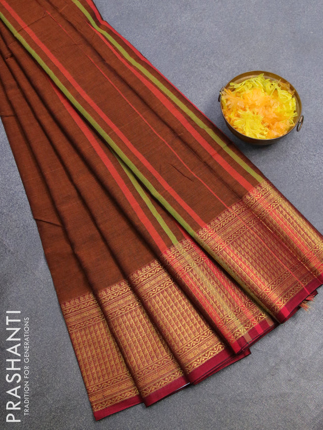 Narayanpet cotton saree rust shade and maroon with plain body and zari woven border