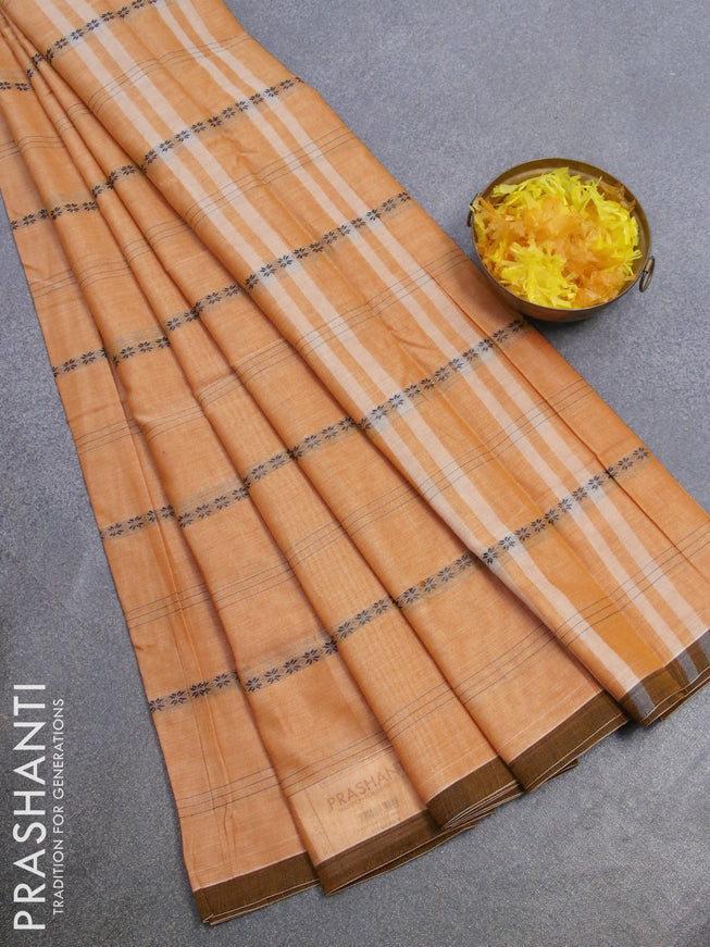 Narayanpet cotton saree pale orange with allover thread weaves and piping border