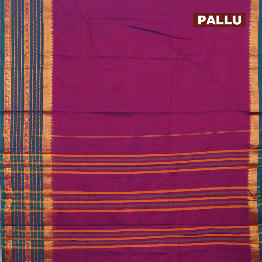 Narayanpet cotton saree dual shade of purple and dual shade of green with plain body and long zari woven border