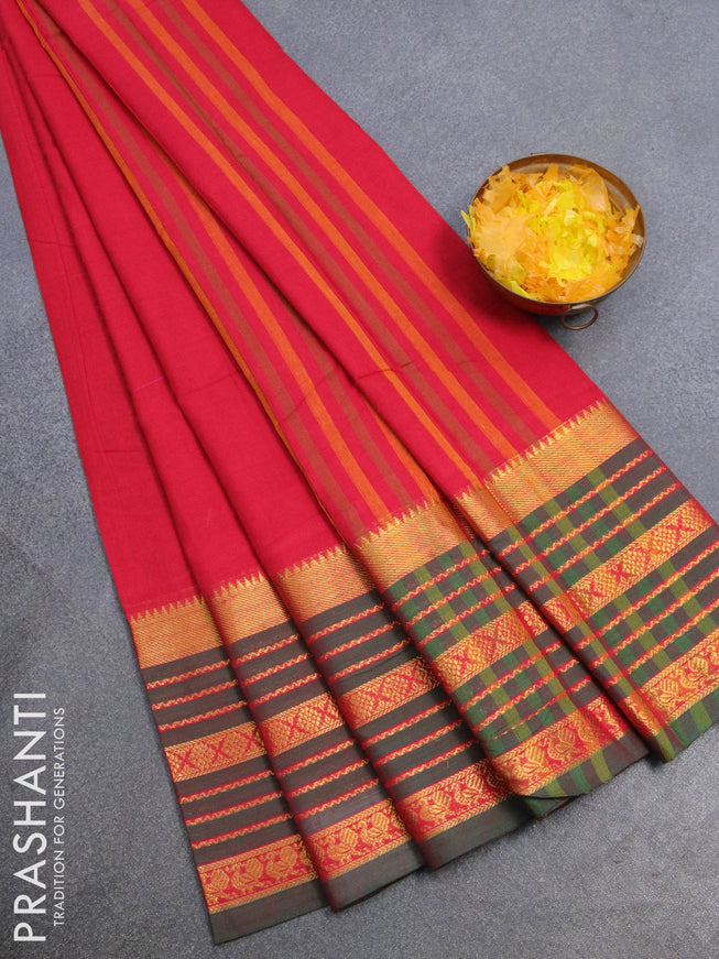 Narayanpet cotton saree red shade and dual shade of green with plain body and long zari woven border