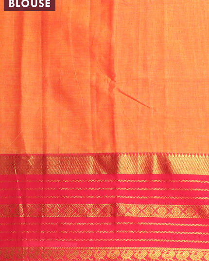 Narayanpet cotton saree dual shade of mustard and red with plain body and long zari woven border