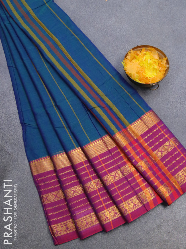 Narayanpet cotton saree dual shade of bluish green and dual shade of purple with plain body and long zari woven border