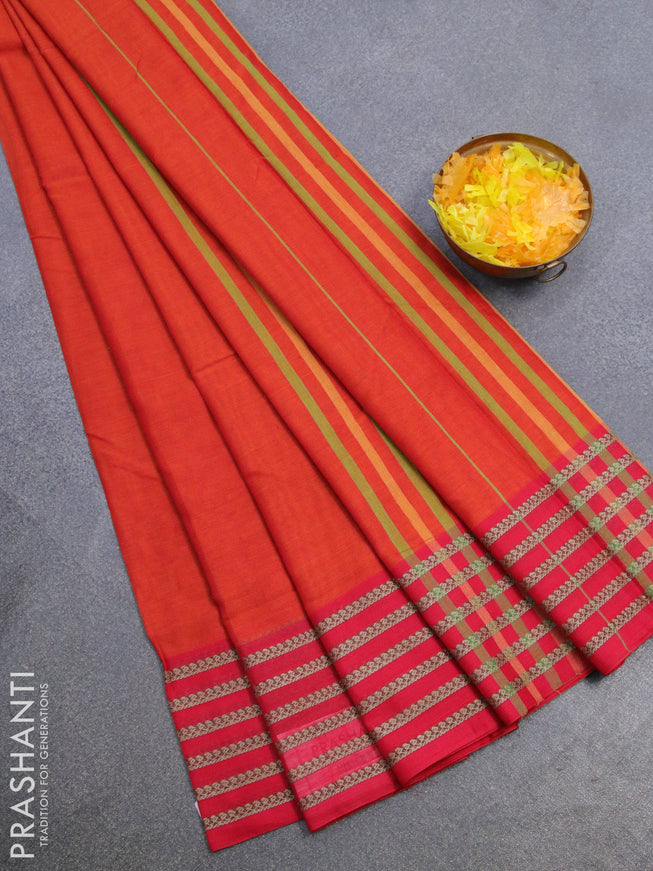 Narayanpet cotton saree sunset orange and pink with plain body and thread woven border