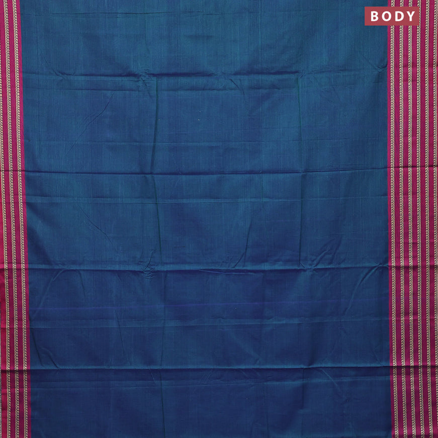 Narayanpet cotton saree dual shade of bluish green and magenta pink with plain body and thread woven border