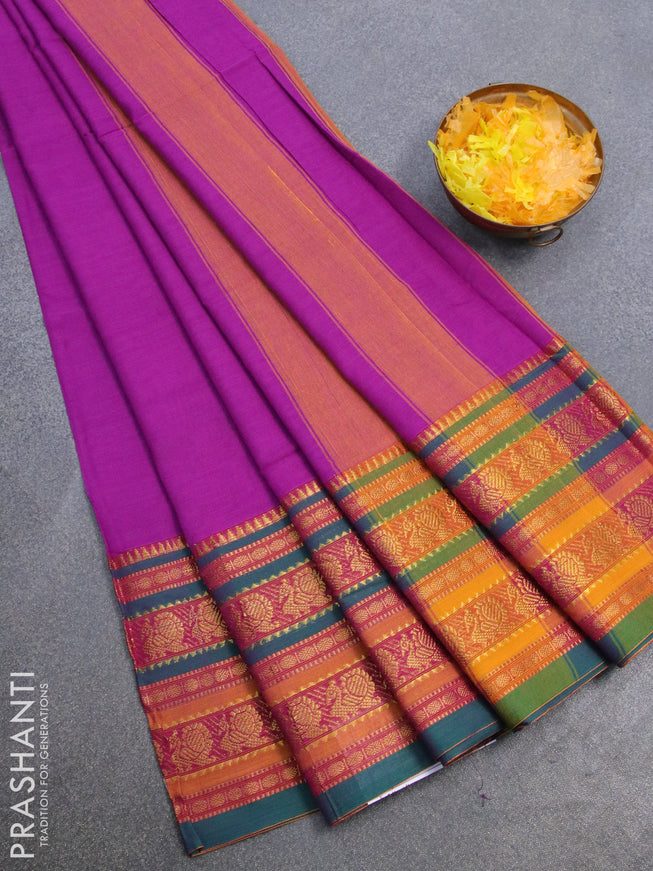 Narayanpet cotton saree purple and green with plain body and long annam zari woven border
