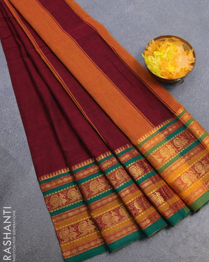 Narayanpet cotton saree maroon and green with plain body and long annam zari woven border