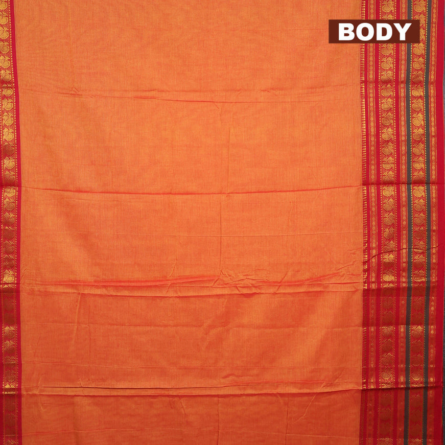 Narayanpet cotton saree dual shade of mustard yellow and red with plain body and long annam zari woven border