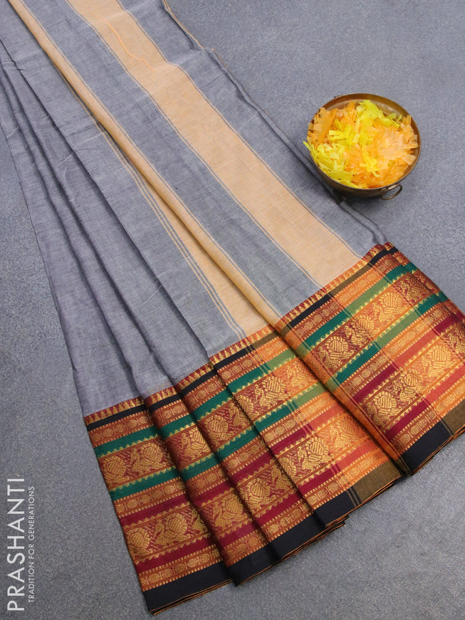 Narayanpet cotton saree grey and black with plain body and long annam zari woven border
