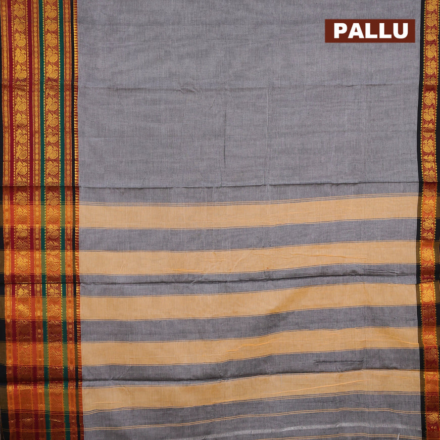 Narayanpet cotton saree grey and black with plain body and long annam zari woven border