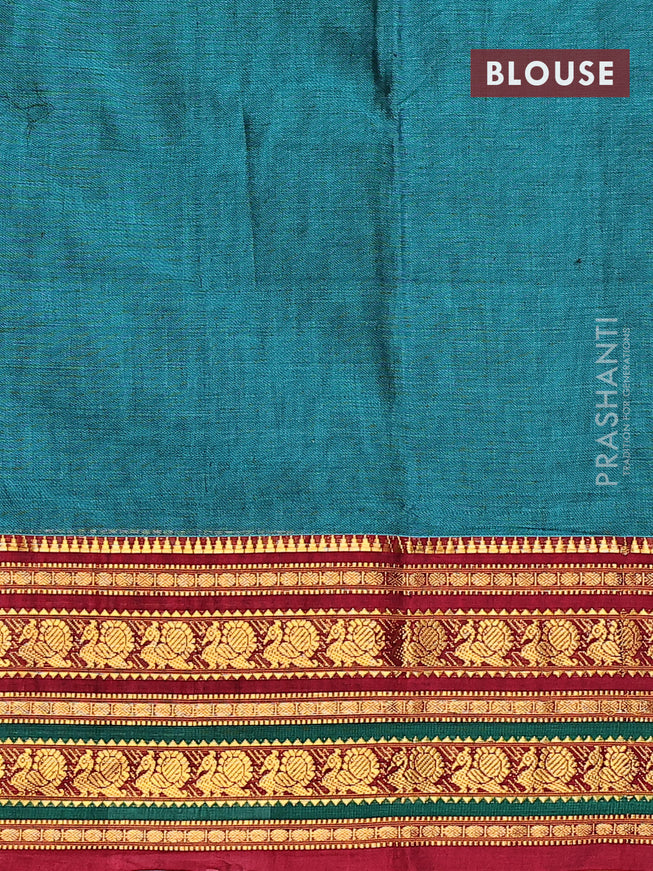 Narayanpet cotton saree peacock green and maroon with plain body and long annam zari woven border