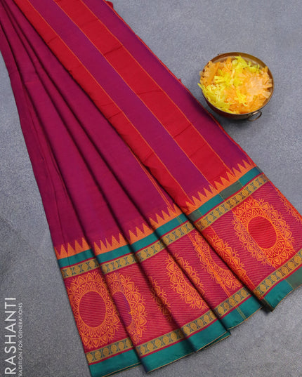 Narayanpet cotton saree magenta pink and green with plain body and thread woven butta border