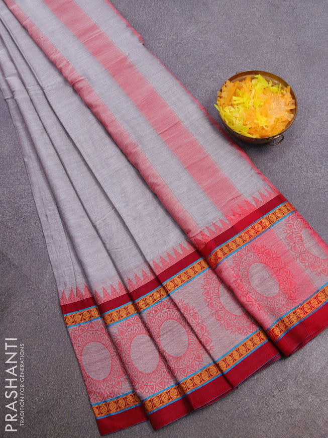 Narayanpet cotton saree grey and maroon with plain body and thread woven butta border