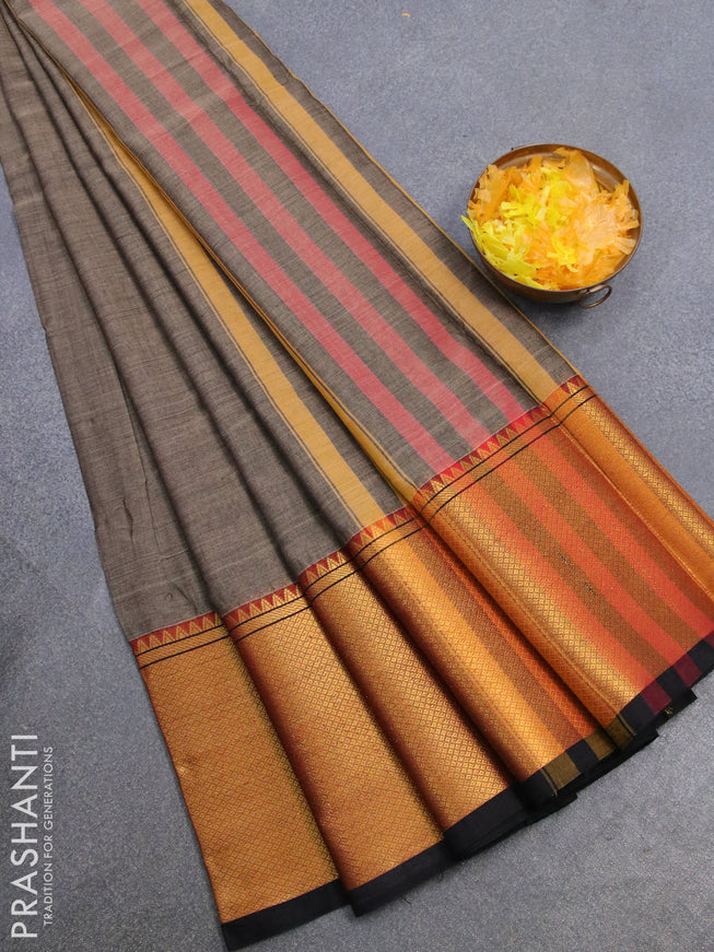 Narayanpet cotton saree grey and black with plain body and long zari woven border
