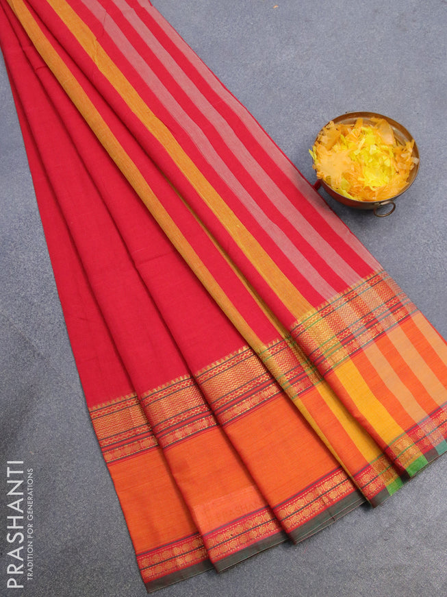 Narayanpet cotton saree red and orange with plain body and rettapet zari woven border