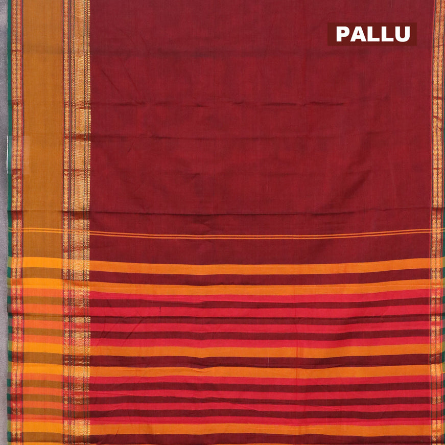 Narayanpet cotton saree maroon and mustard yellow with plain body and rettapet zari woven border