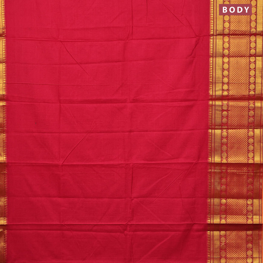 Narayanpet cotton saree red and mustard yellow with plain body and long rudhraksha zari woven border