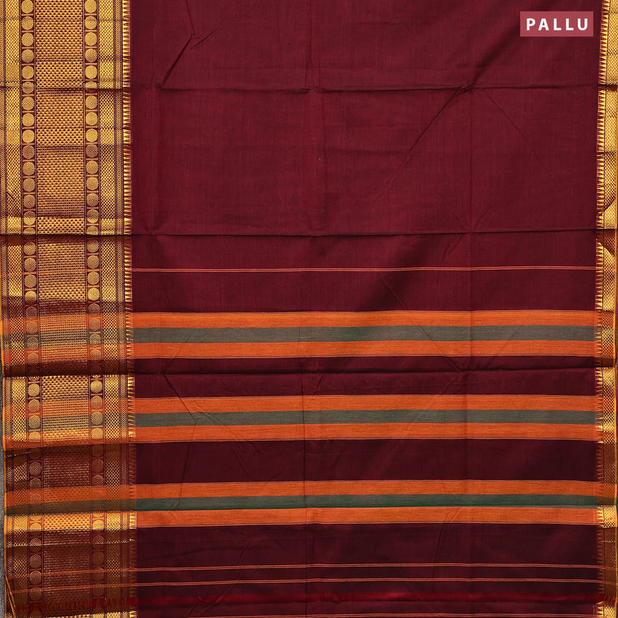 Narayanpet cotton saree maroon and mustard yellow with plain body and long rudhraksha zari woven border