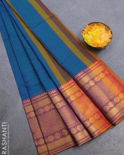 Narayanpet cotton saree dual shade of bluish green and purple with plain body and long rudhraksha zari woven border