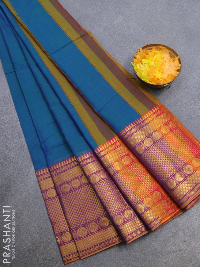 Narayanpet cotton saree dual shade of bluish green and purple with plain body and long rudhraksha zari woven border