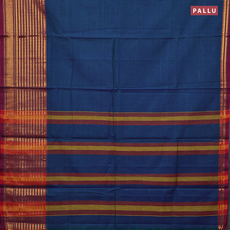 Narayanpet cotton saree dual shade of bluish green and magenta pink with plain body and long zari woven border