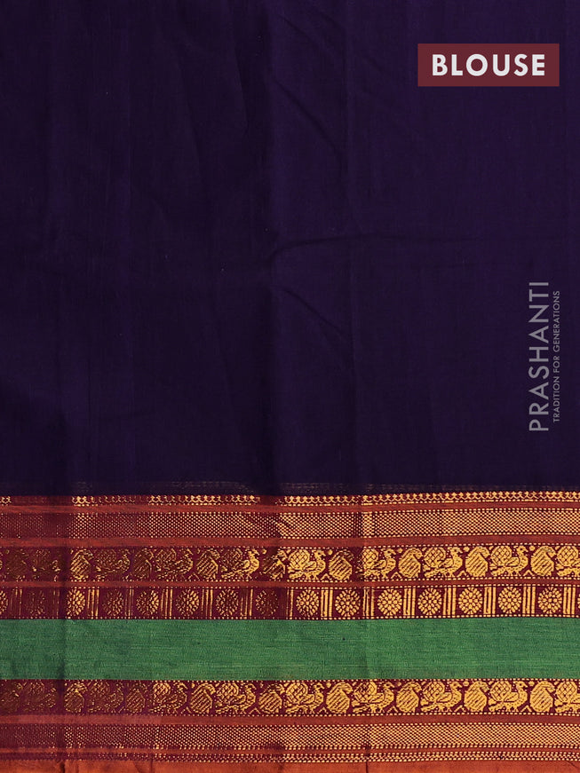 Narayanpet cotton saree blue and rustic orange with plain body and long zari woven border