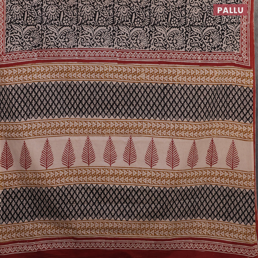 Jaipur cotton saree black and rust shade with allover prints and printed border