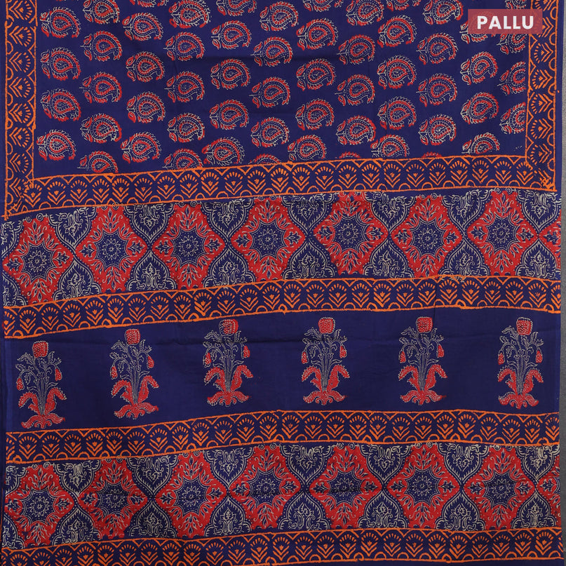 Jaipur cotton saree blue with paisley prints and printed border