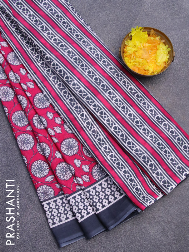 Jaipur cotton saree pink and elephant grey with allover floral prints and printed border