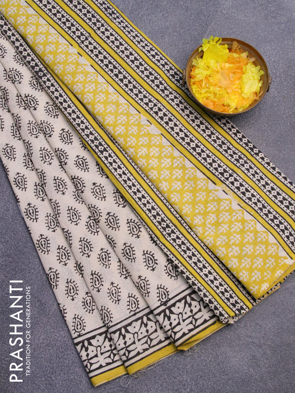 Jaipur cotton saree cream and yellow with butta prints and printed border