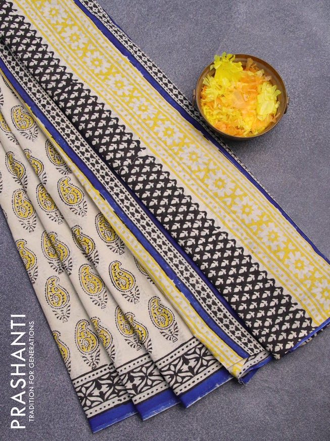 Jaipur cotton saree cream and blue with paisley butta prints and printed border