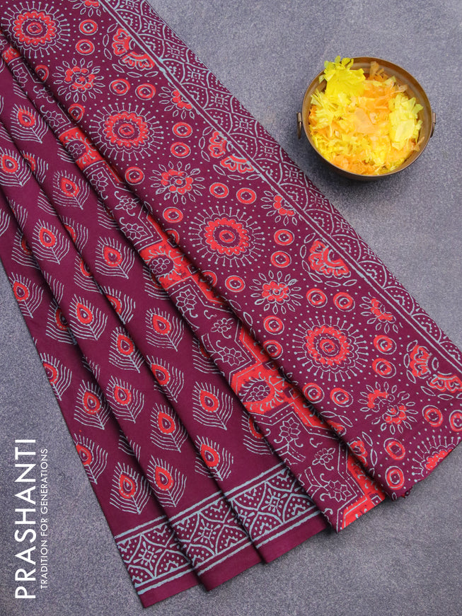 Jaipur cotton saree wine shade with butta prints and printed border