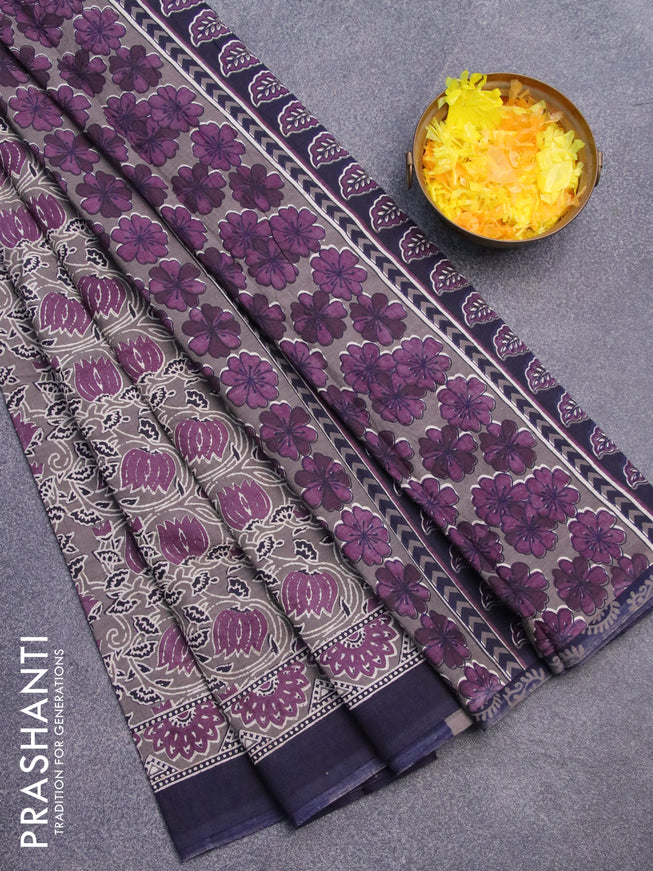 Jaipur cotton saree grey and navy blue with allover prints and printed border