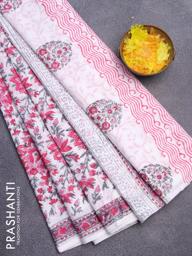 Jaipur cotton saree off white with allover floral prints and printed border