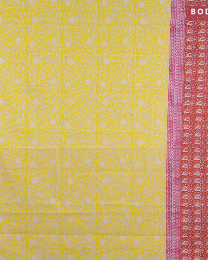 Jaipur cotton saree lime yellow and pink with allover prints and printed border