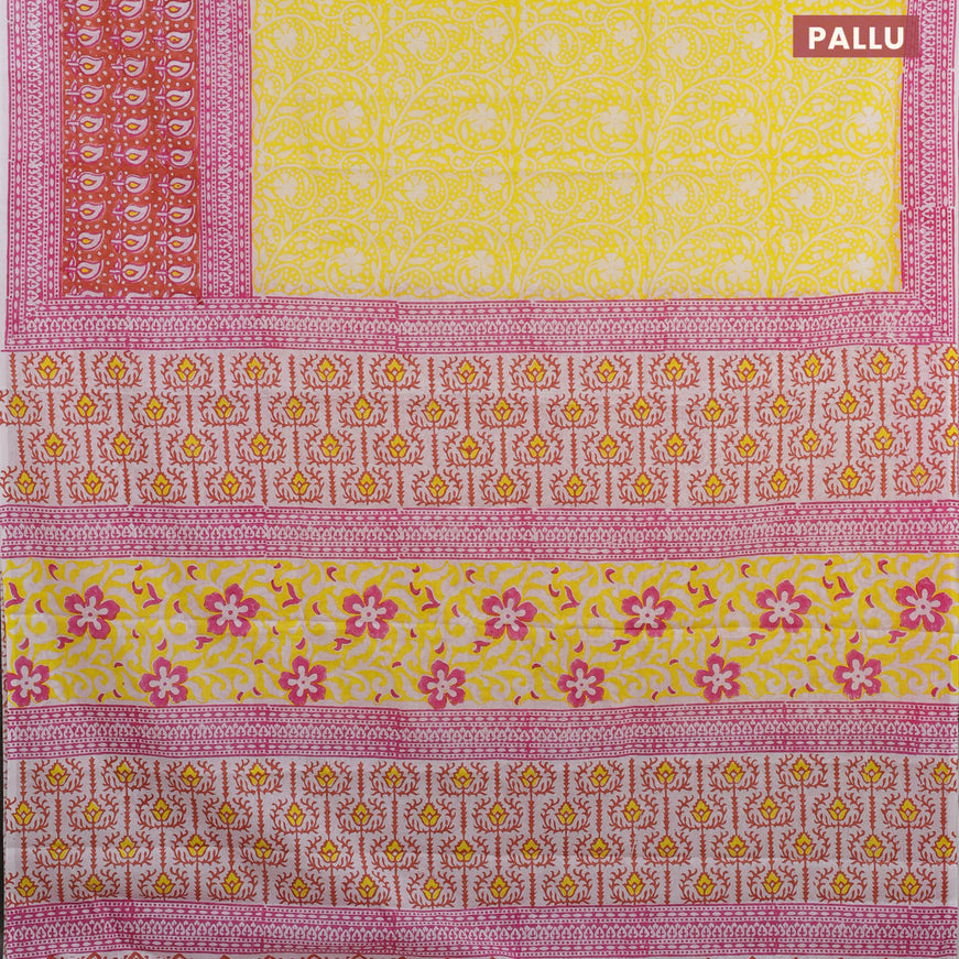 Jaipur cotton saree lime yellow and pink with allover prints and printed border