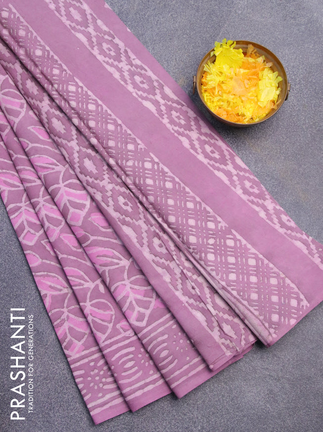Jaipur cotton saree mild purple with allover prints and printed border