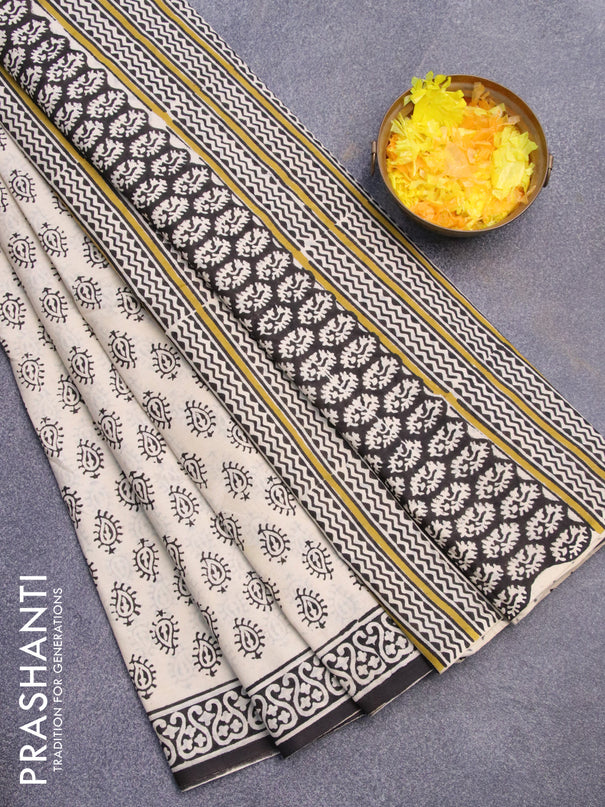 Jaipur cotton saree cream and black with paisley butta prints and printed border