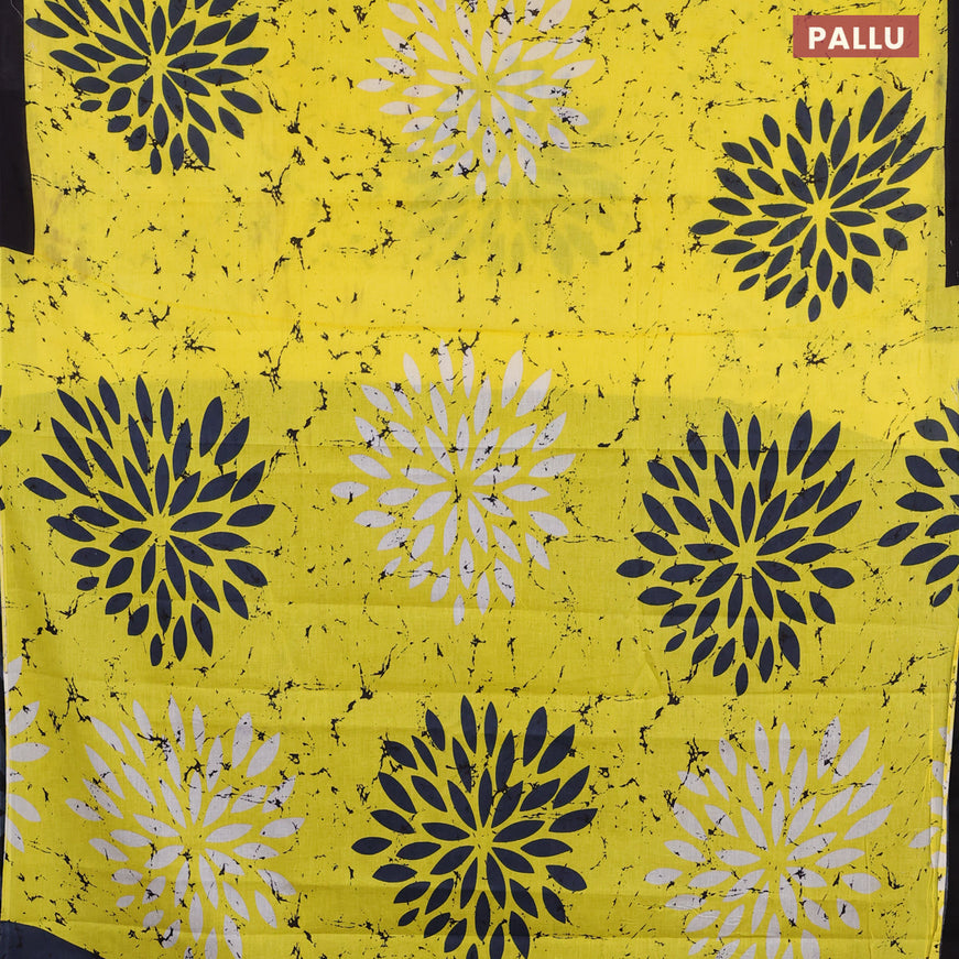 Jaipur cotton saree lime yellow and black with allover floral prints and simple border