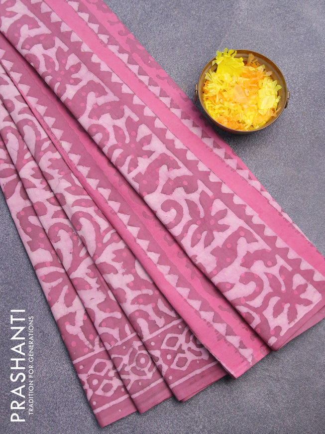 Jaipur cotton saree mauve pink shade with allover batik prints and printed border
