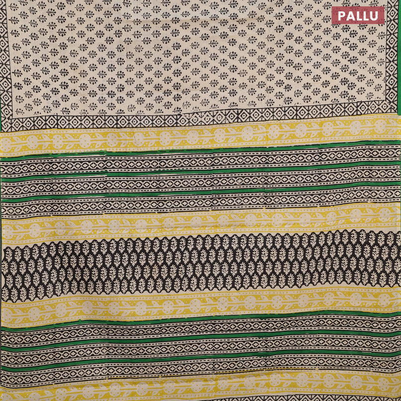 Jaipur cotton saree cream and green with allover butta prints and printed border