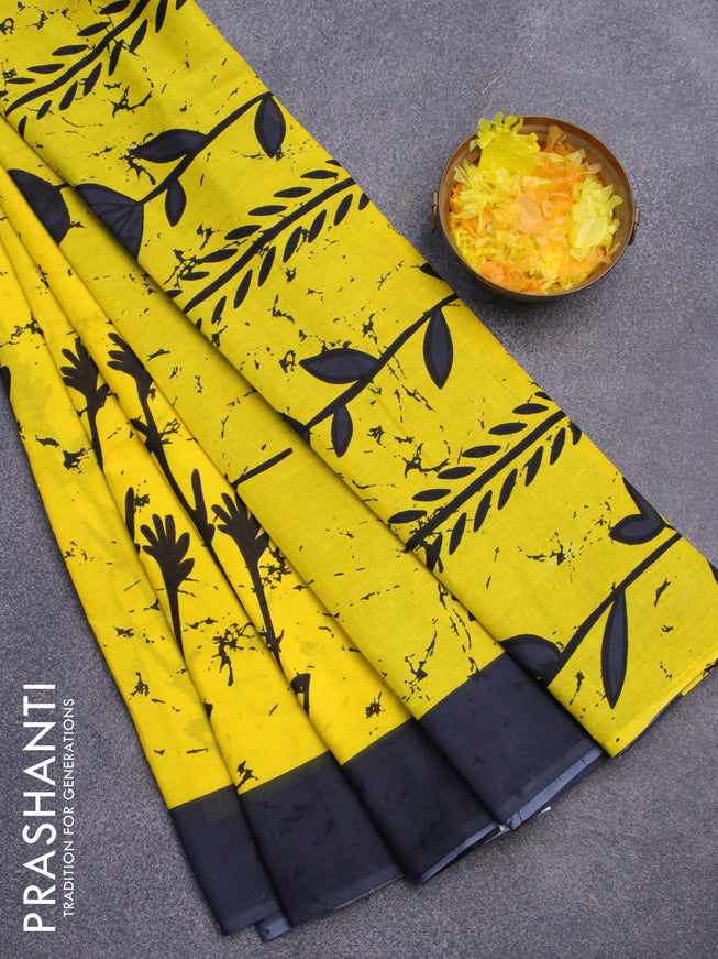 Jaipur cotton saree yellow and grey with allover prints and printed border
