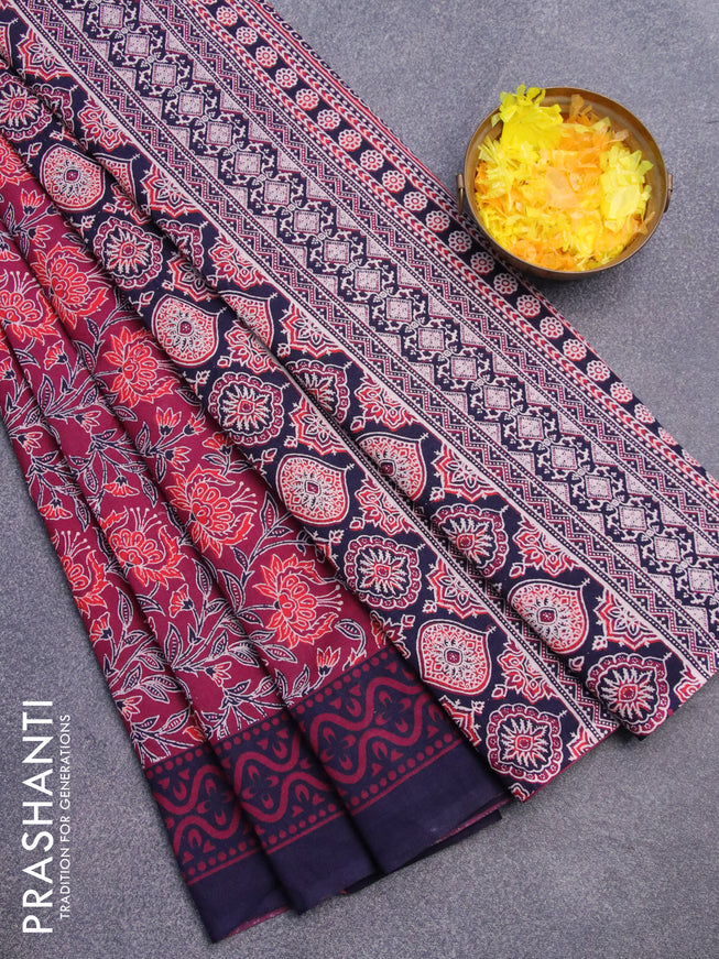 Jaipur cotton saree maroon and navy blue with allover prints and printed border
