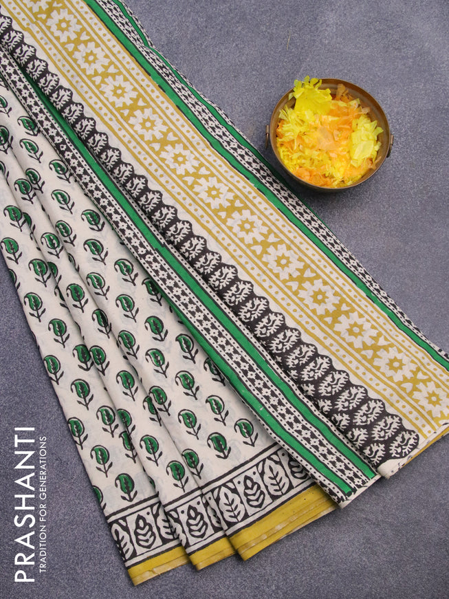 Jaipur cotton saree cream and yellow with paisley butta prints and printed border