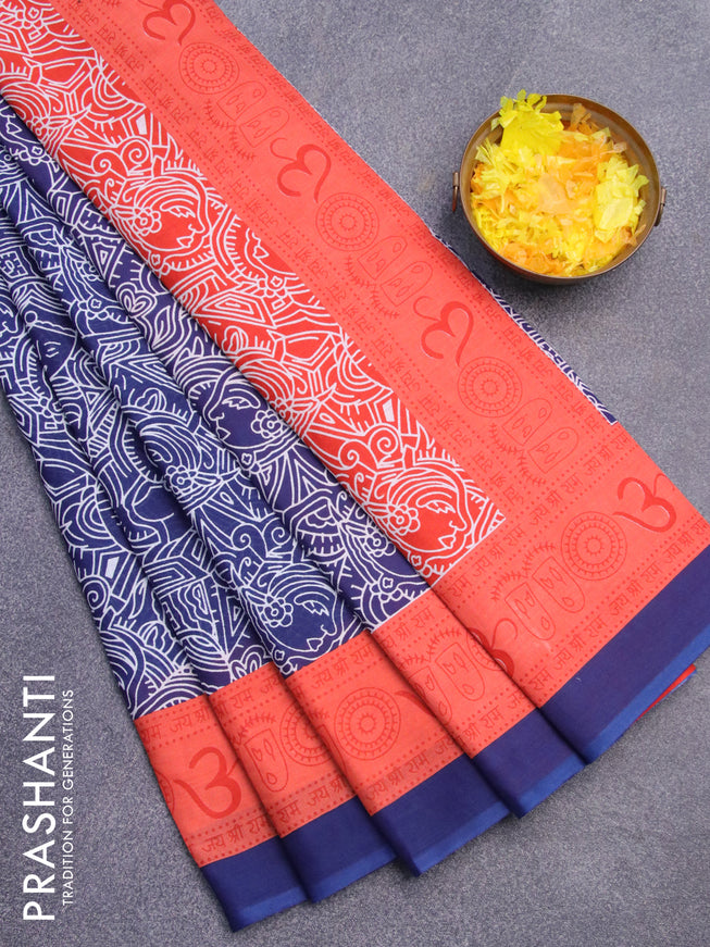 Jaipur cotton saree blue and orange with allover prints and printed border