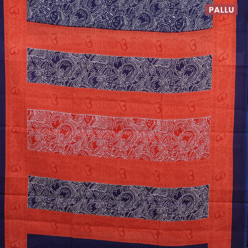 Jaipur cotton saree blue and orange with allover prints and printed border