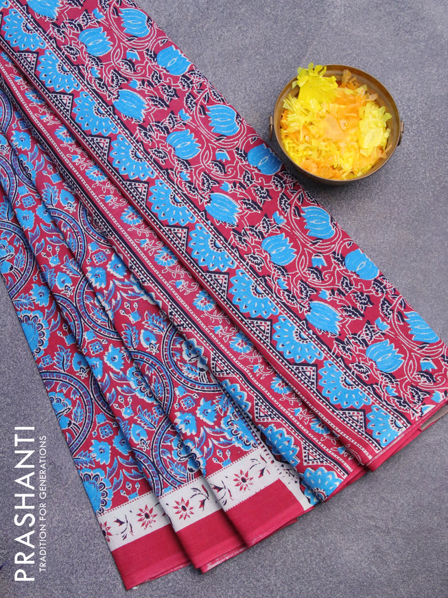 Jaipur cotton saree dark pink and blue with allover prints and printed border