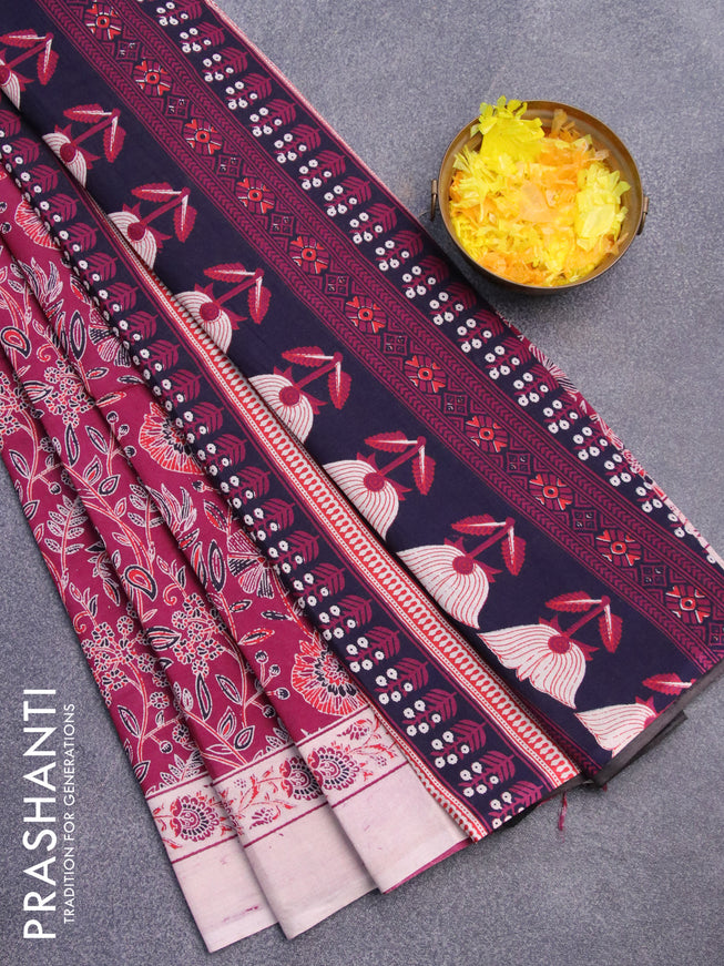 Jaipur cotton saree maroon and cream with allover floral prints and printed border